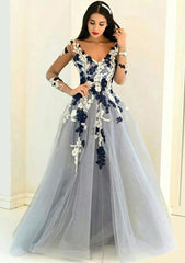 Sequin Dress, Tulle Long/Floor-Length A-Line/Princess Full/Long Sleeve V-Neck Zipper Evening Dress With Appliqued