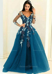 Bridesmaid Dresses Chicago, Tulle Long/Floor-Length A-Line/Princess Full/Long Sleeve V-Neck Zipper Evening Dress With Appliqued
