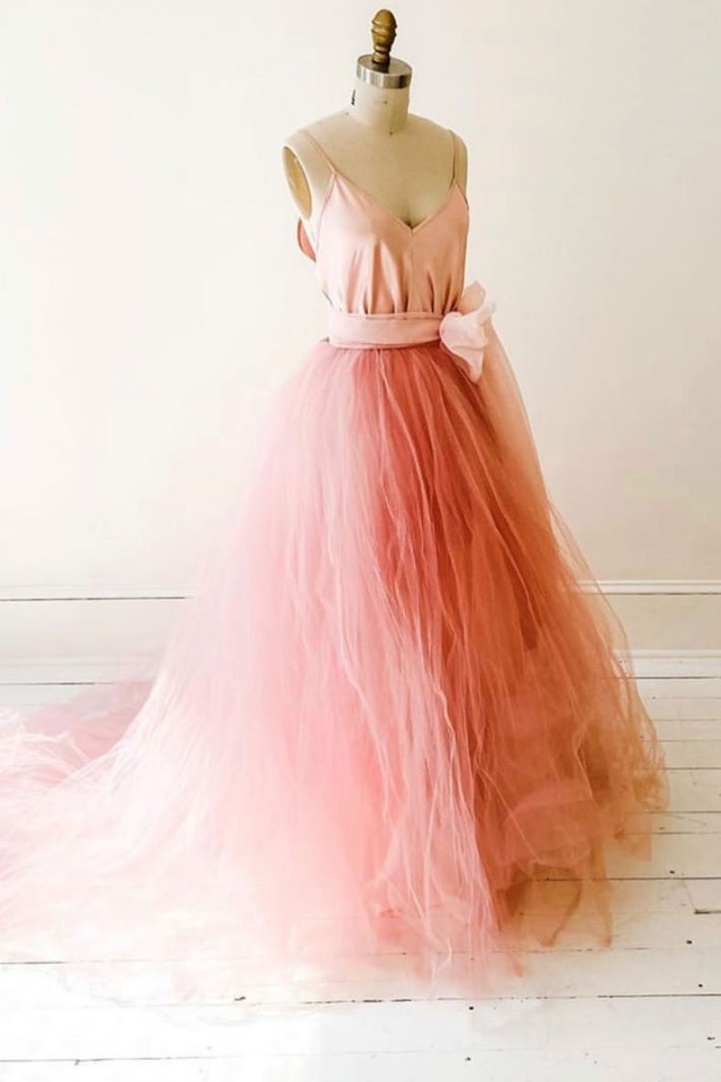 Summer Wedding Color, Tulle Princess Long Prom Dress,Formal Dresses A-line V-neck Formal Gown