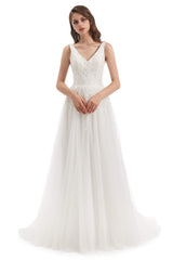 Wedding Dress For, Tulle Lace V-neck Backless Wedding Dresses