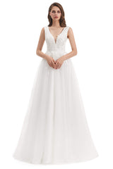 Wedding Dress Spring, Tulle V-neck Backless Appliques Wedding Dresses