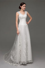 Wedding Dresses Boutique, Tulle V-neck Illusion Back Wedding Dresses With Lace Bodice