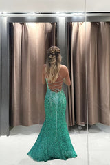 Turquoise Sequin Prom Dresses Lace-Up Back Mermaid Long Formal Dress with Slit