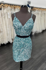Bridesmaid Dresses Style, Two Piece Blue Sequins Tight Homecoming Dresses,Sparkly Cocktail Party Dress