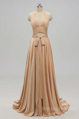 Party Dresses Fall, Two Piece Gold Long Bridesmaid Dress