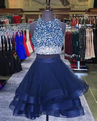 Wedding Color Schemes, Two Piece Ruffles Ball Gown Homecoming Dresses,Navy Blue Semi Formal Dress