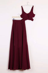 Evening Dress V Neck, Two Pieces Burgundy Long Prom Dresses, Dark Wine Red 2 Pieces Long Formal Bridesmaid Dresses