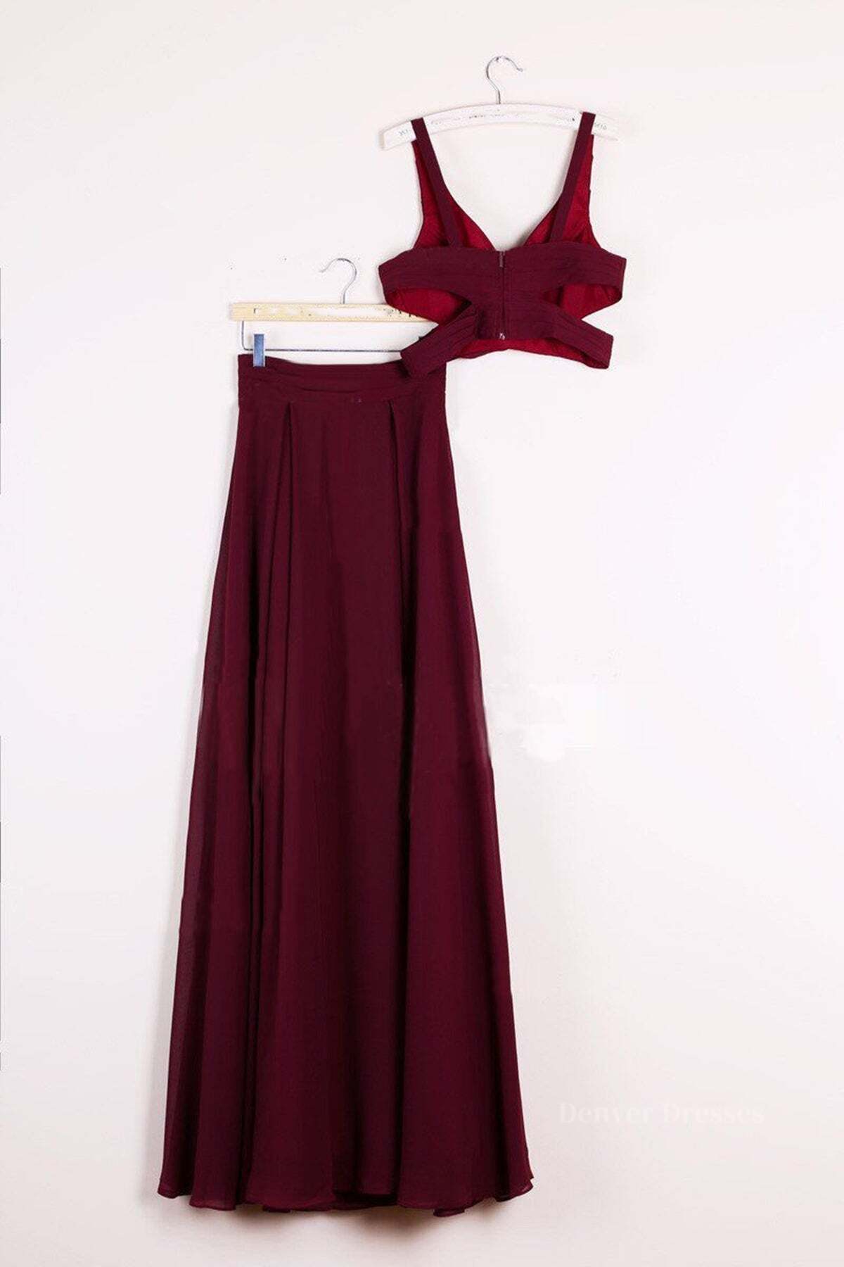 Evening Dresses V Neck, Two Pieces Burgundy Long Prom Dresses, Dark Wine Red 2 Pieces Long Formal Bridesmaid Dresses