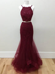 Bridesmaids Dress Mismatched, Two Pieces Halter Neck Mermaid Tulle Maroon Prom with Beadings, Maroon Formal, Evening