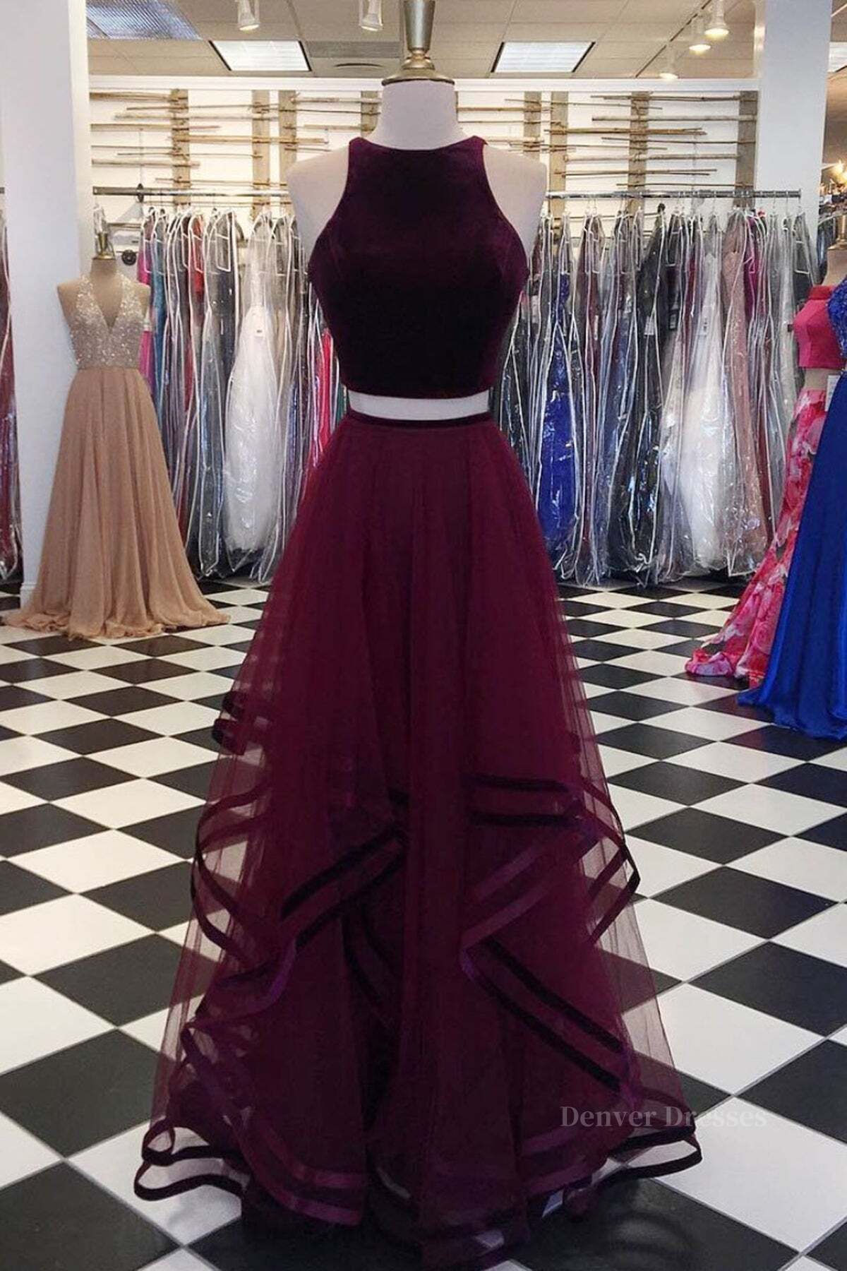 Evening Dresses Suits, Two Pieces Maroon Long Prom Dress, Dark Burgundy 2 Pieces Formal Evening Dresses