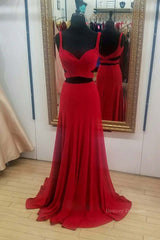 Evening Dress Modest, Two Pieces Red Long Prom Dresses, 2 Pieces Red Long Formal Evening Dresses