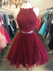 Prom Dress Sale, Two Pieces Short Burgundy Lace Prom Dresses, Wine Red 2 Pieces Short Lace Formal Homecoming Dresses