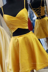 Bachelorette Party Outfit, Two Pieces Short Yellow Prom Dresses, Short Yellow 2 Pieces Formal Homecoming Dresses