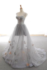 Graduation Dress, Gray Long Prom Dress with Butterfly, New Arrival Unique Evening Dress