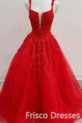Bridesmaids Dresses Green, Red Tulle Lace A Line Formal Evening Dresses Appliques Long Prom Dresses