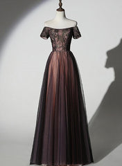 Prom Dresses Blush, Unique Black and Champagne Tulle Long Party Dress, Senior Prom Dress