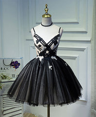 Prom Dresses Colorful, Unique Black Tulle Short Prom Dress, Black Homecoming Dresses