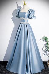 Spring Wedding Color, Unique Blue Satin Long Prom Dress, A-Line Short Sleeve Blue Evening Dress