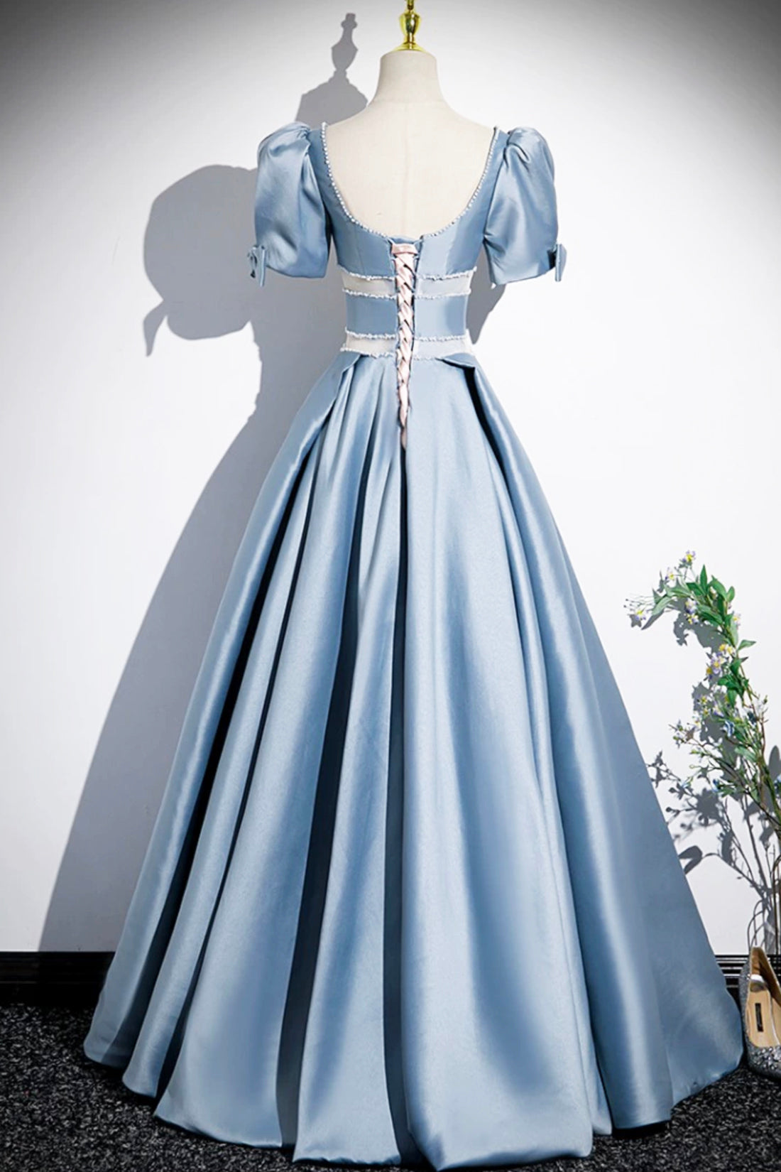 Mismatched Bridesmaid Dress, Unique Blue Satin Long Prom Dress, A-Line Short Sleeve Blue Evening Dress