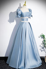 Bridal Shoes, Unique Blue Satin Long Prom Dress, A-Line Short Sleeve Blue Evening Dress