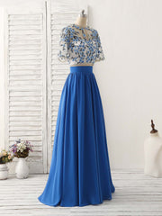 Prom Dresses2026, Unique Blue Two Pieces Long Prom Dress Applique Formal Dress