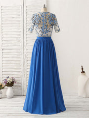 Prom Dresse 2026, Unique Blue Two Pieces Long Prom Dress Applique Formal Dress