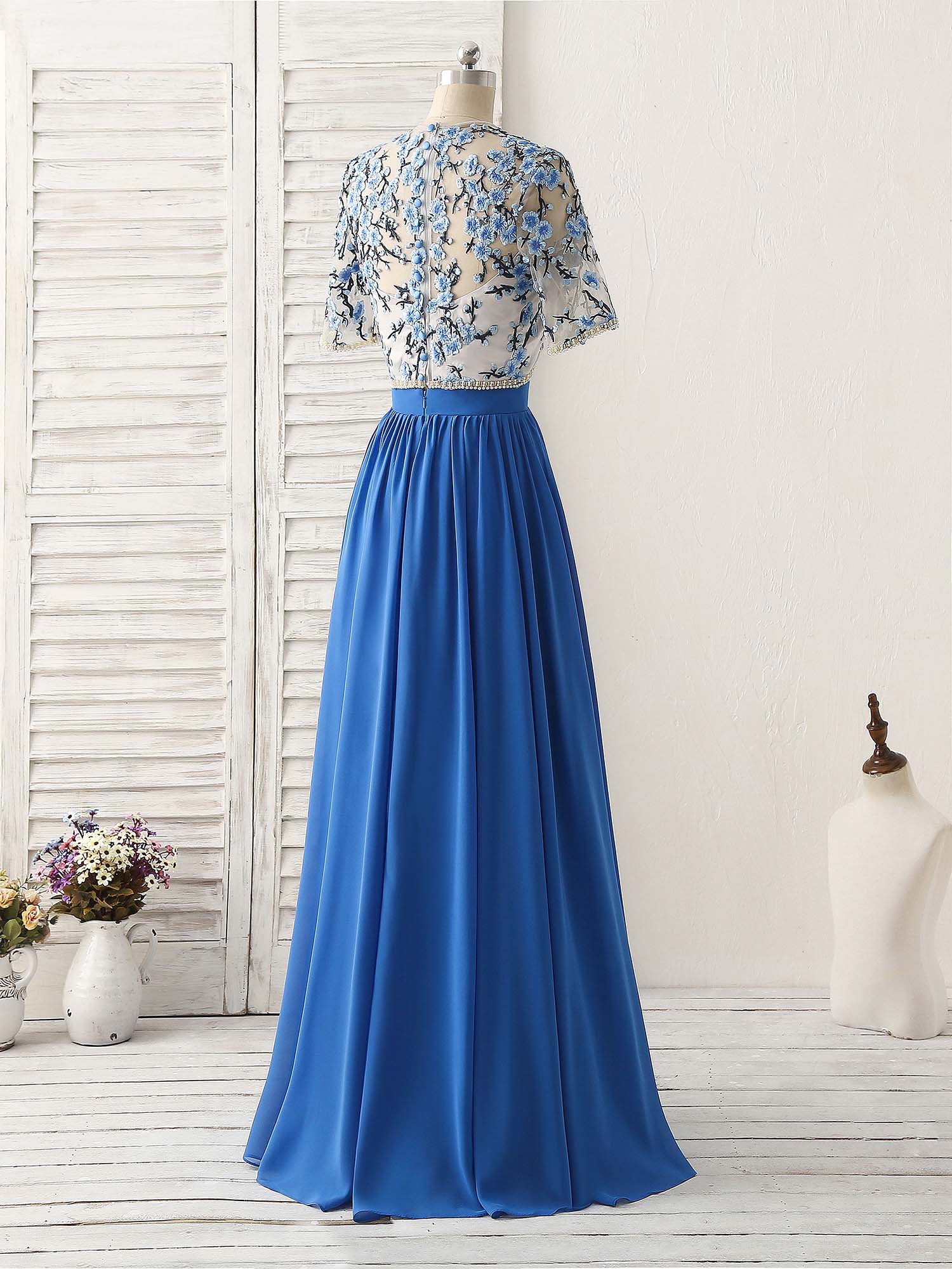 Prom Dresses For Sale, Unique Blue Two Pieces Long Prom Dress Applique Formal Dress