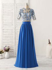 Prom Dressed 2026, Unique Blue Two Pieces Long Prom Dress Applique Formal Dress