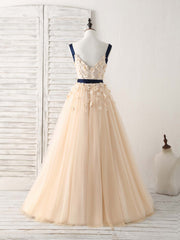 Party Dress Jeans, Unique Champagne Lace Tulle Long Prom Dress, Champagne Evening