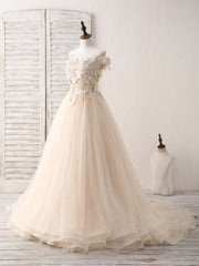 Formal Dress Outfit, Unique  Lace Applique Tulle Long Champagne Prom Dresses Sweet 16 Dress