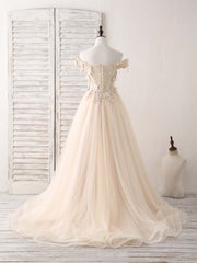 Formal Dressing Style, Unique  Lace Applique Tulle Long Champagne Prom Dresses Sweet 16 Dress