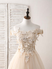 Formal Dress Style, Unique  Lace Applique Tulle Long Champagne Prom Dresses Sweet 16 Dress