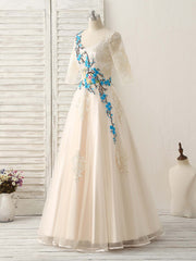 Homecoming Dresses, Unique Lace Applique Tulle Long Prom Dress Light Champagne Bridesmaid Dress