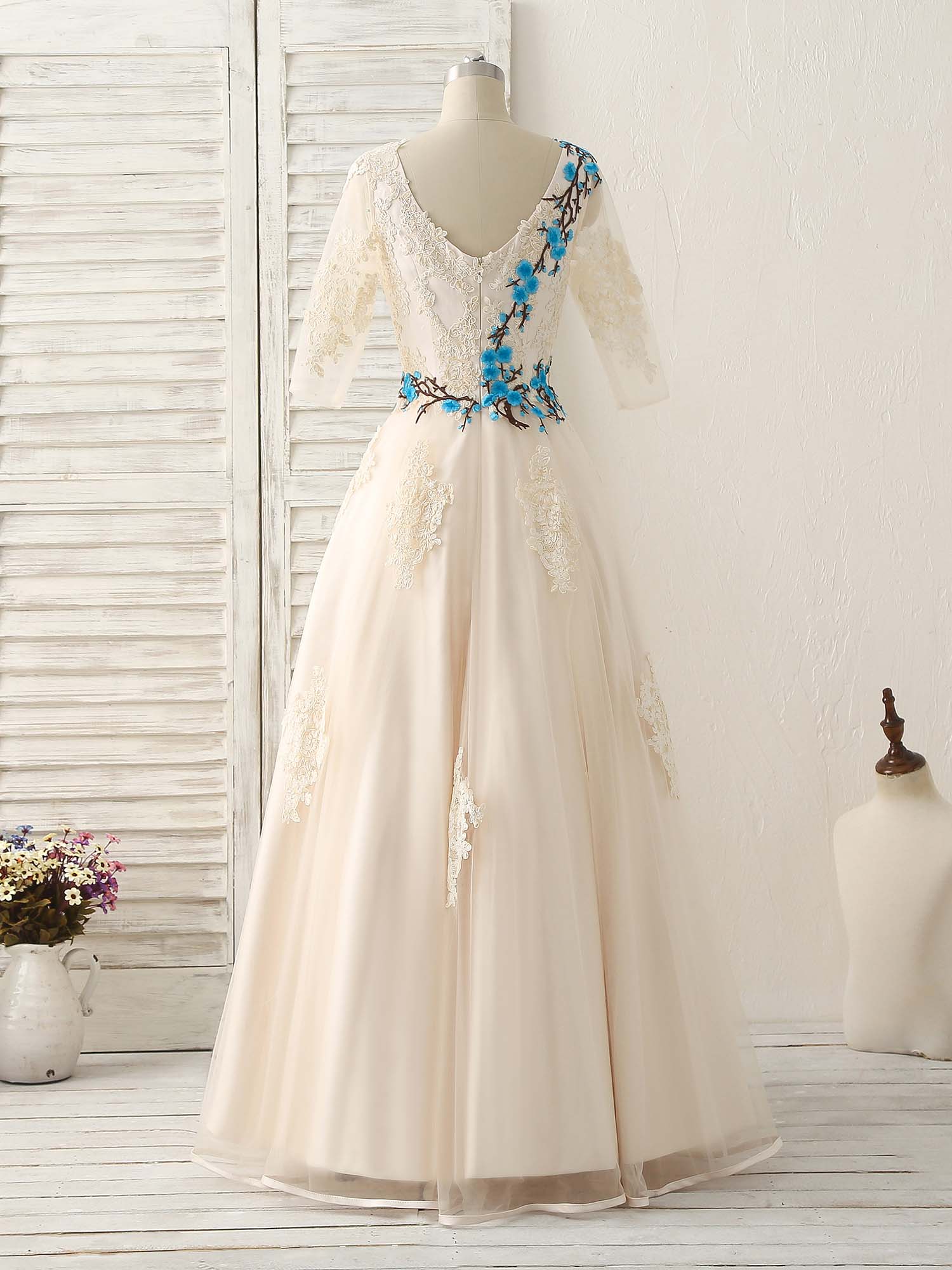 Sundress, Unique Lace Applique Tulle Long Prom Dress Light Champagne Bridesmaid Dress