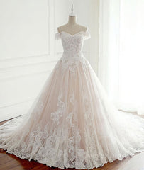 Wedding Dresses A Line Romantic, Unique lace tulle long wedding dress, lace long bridal dress
