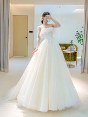 Wedding Dresses Under 500, Unique Light Champagne Tulle Long Prom Dress, Tulle Formal Wedding Party Dress