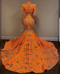 Formal Dresses For Teens, Unique Orange Long Sleeves Mermaid Prom Dress Sequins