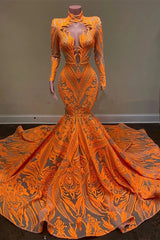 Formal Dresses Long, Unique Orange Long Sleeves Mermaid Prom Dress Sequins