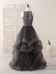 Homecoming Dress Shopping, Unique Round Neck Lace Applique Tulle Long Prom Dresses