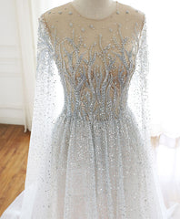 Wedding Ideas, Unique Round Neck Tulle Sequin Beads Long Prom Dress