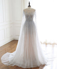 Wedding, Unique Round Neck Tulle Sequin Beads Long Prom Dress