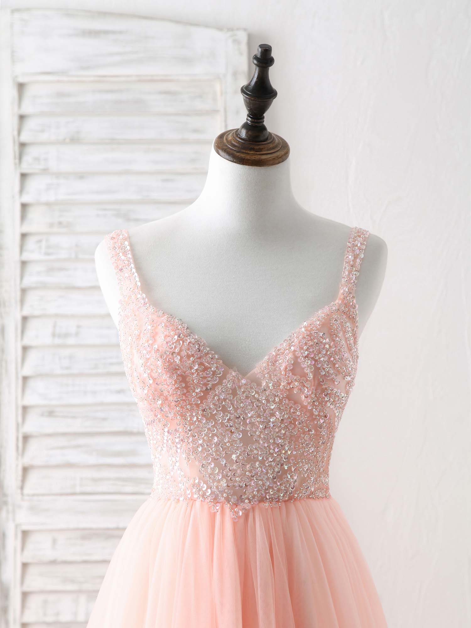 Cocktail Party Outfit, Unique Tulle Beads Long Prom Dress, Tulle Evening Dress