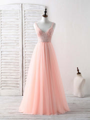 Party Outfit Night, Unique Tulle Beads Long Prom Dress, Tulle Evening Dress