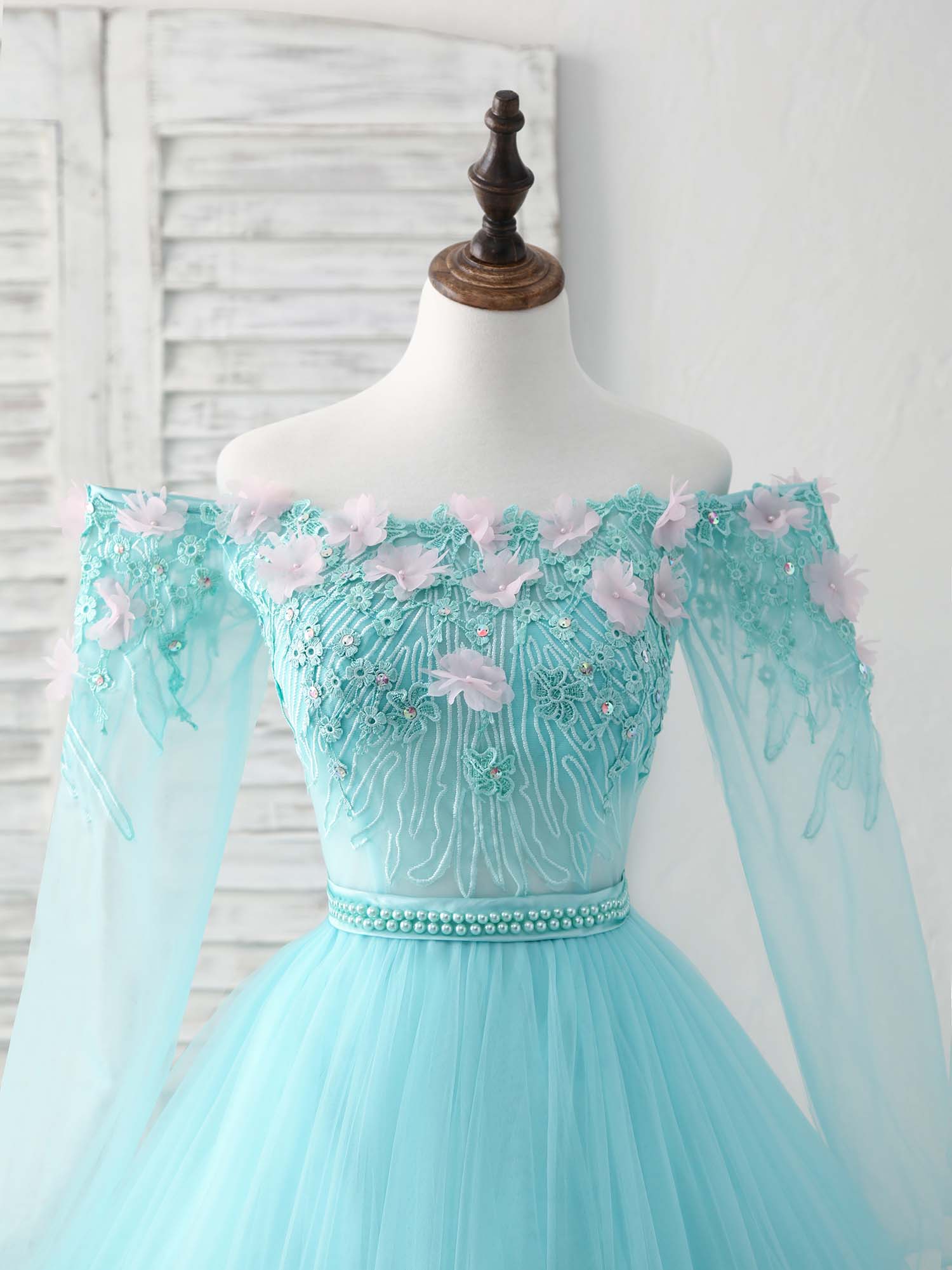 Dress To Wear To A Wedding, Unique Tulle Lace Applique Long Prom Dress, Green Evening Dress