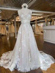 Wedding Dresses Gowns, Unique v neck tulle lace long prom dress, lace wedding dress