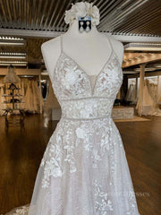 Wedding Dress Gown, Unique v neck tulle lace long prom dress, lace wedding dress