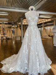 Wedding Dresses Under 311, Unique v neck tulle lace long prom dress, lace wedding dress