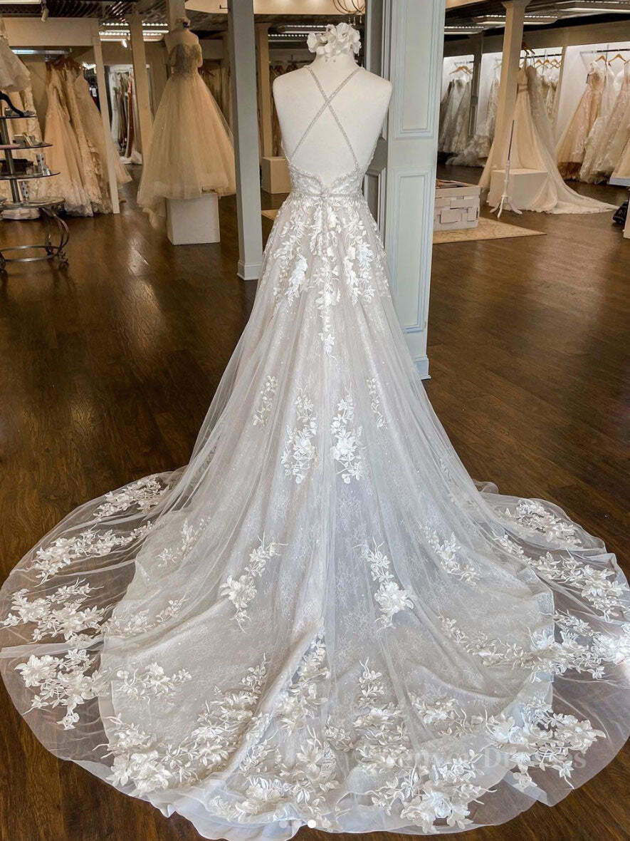 Wedding Dress 2033, Unique v neck tulle lace long prom dress, lace wedding dress