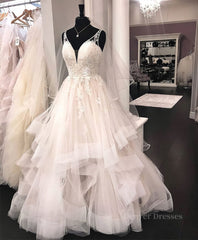 Wedding Dresses A Line Lace, Unique v neck tulle lace long prom dress, tulle lace wedding dress