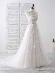Party Dress Modest, Unique White Round Neck Tulle 3D Lace Applique Long Prom Dresses